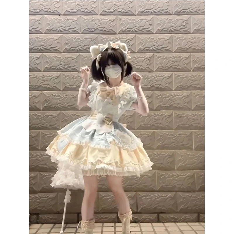 

Adorable Soft Yellow Blue Princess Skirt Short Sleeve OP Dress Hanfu Set Sweet Escape Gown for Women Summer 2025 Fashion