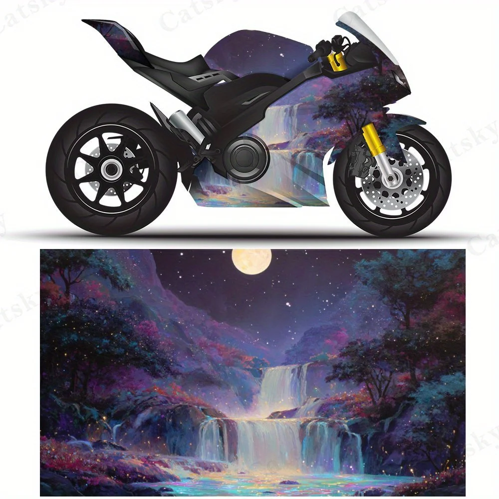 

Наклейки на мотоциклетную пленку Dreamy Moonlit Waterfall, прочные клейкие наклейки из ПВХ для индивидуальной настройки мотоцикла, устойчивые к атмосферным воздействиям P
