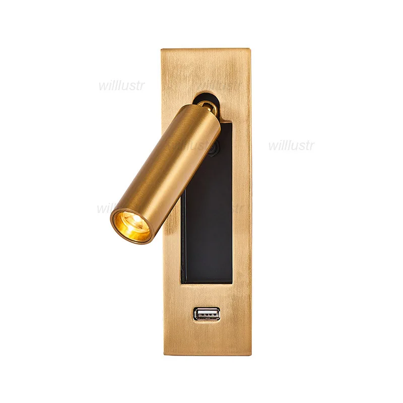 Creative Gold Black Metal Wall Lamp LED USB Sconce Hotel Cafe Bar Bedside Embedded Aluminum Cylinder Cuboid Reading Lighting