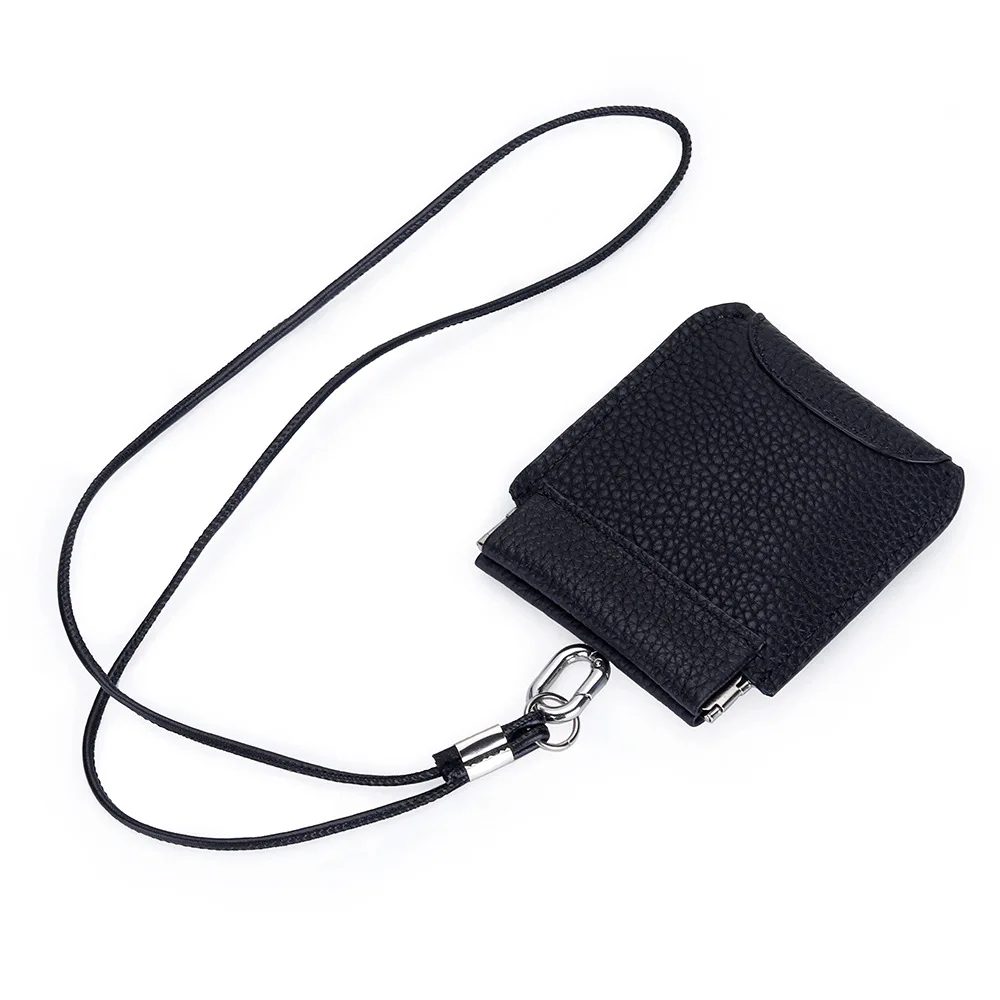 

2025 New Genuine Leather Short Wallet Lychee Pattern Solid Color Money Clip Large Capacity with Necklace Strap Card Holder Women