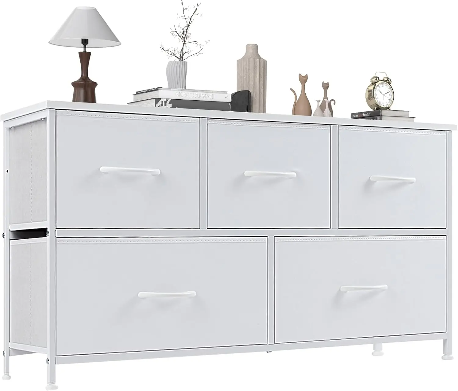 

5 Drawer Dresser Nightstand Classic White, Wooden Top Metal Frame Fabric Storage Organizer for Bedroom Living Room Entryway,