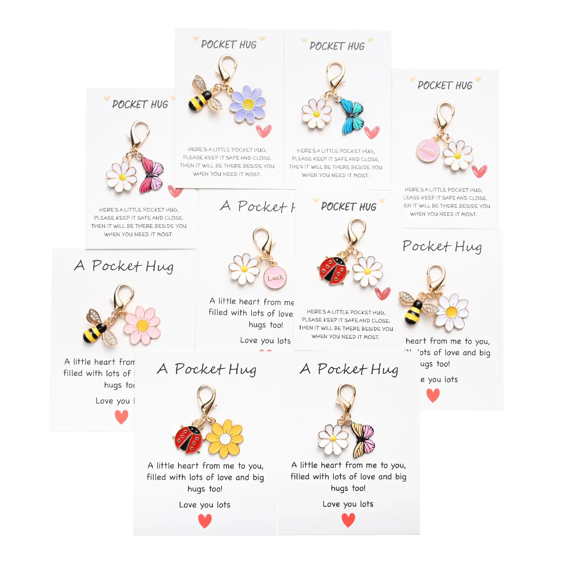 Pieces of 10Pocket Hug Favors-Employee Appreciation Gifts Bulk for Coworkerswith Exquisite keyring Pun NoteCards QualityResin Butterfly Ladybird Flower Bee ,FavorsDurable Card