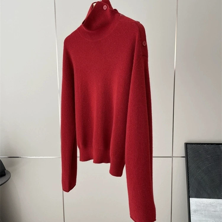 

Christmas Red High Neck Knitted Sweater Asymmetrical Button Design Women's Fashion Faux Fur Top Spring 2026 Collection