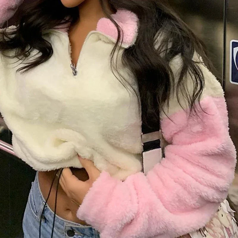 Modny zimowy polar Y2k krótki Top kobiet Harajuku Kawaii różowy casualowy ściągany na suwak kontrastowy kolorowa bluza damski sweter