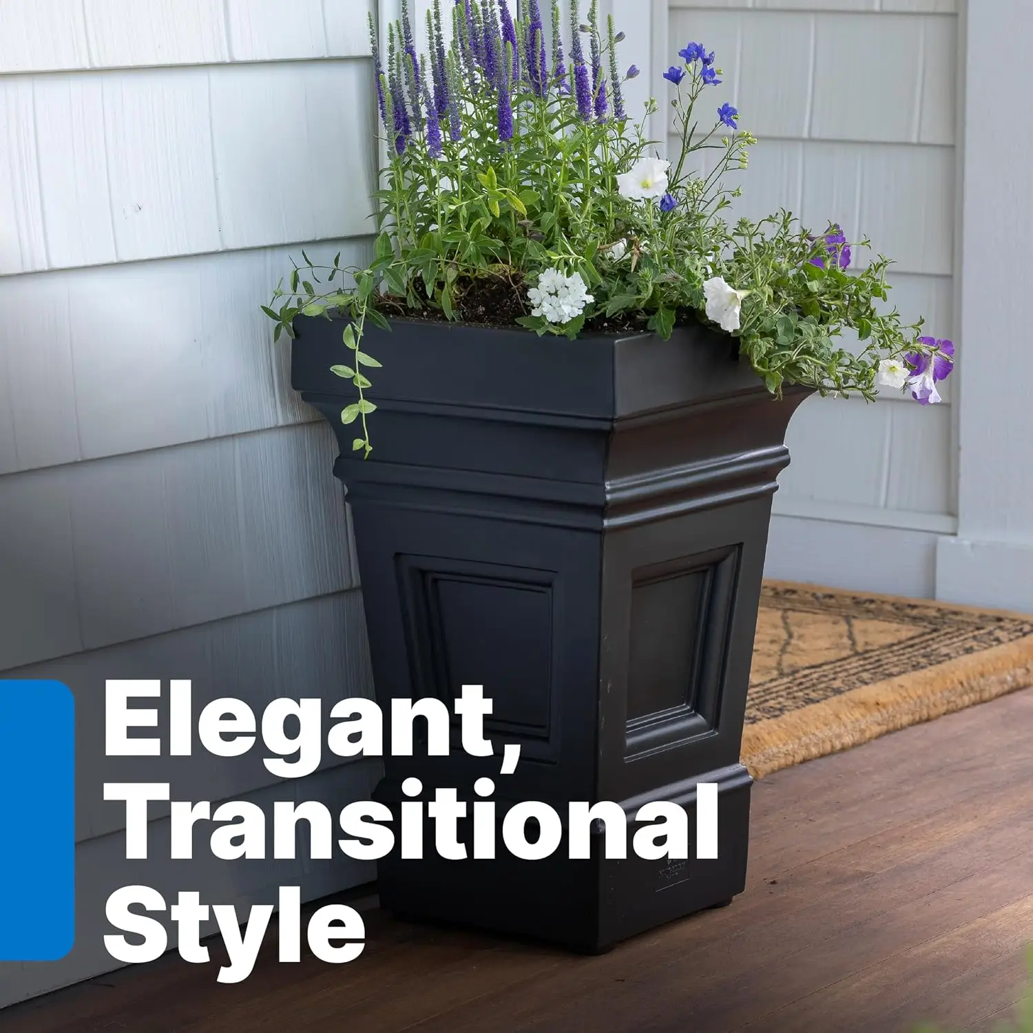 Square Planter, Large Planters for Outdoor Plants, Gardening and Flower Pot for Patio or Porch, Efficient Drainage, Durable Plastic, Onyx Black, 2-Pack