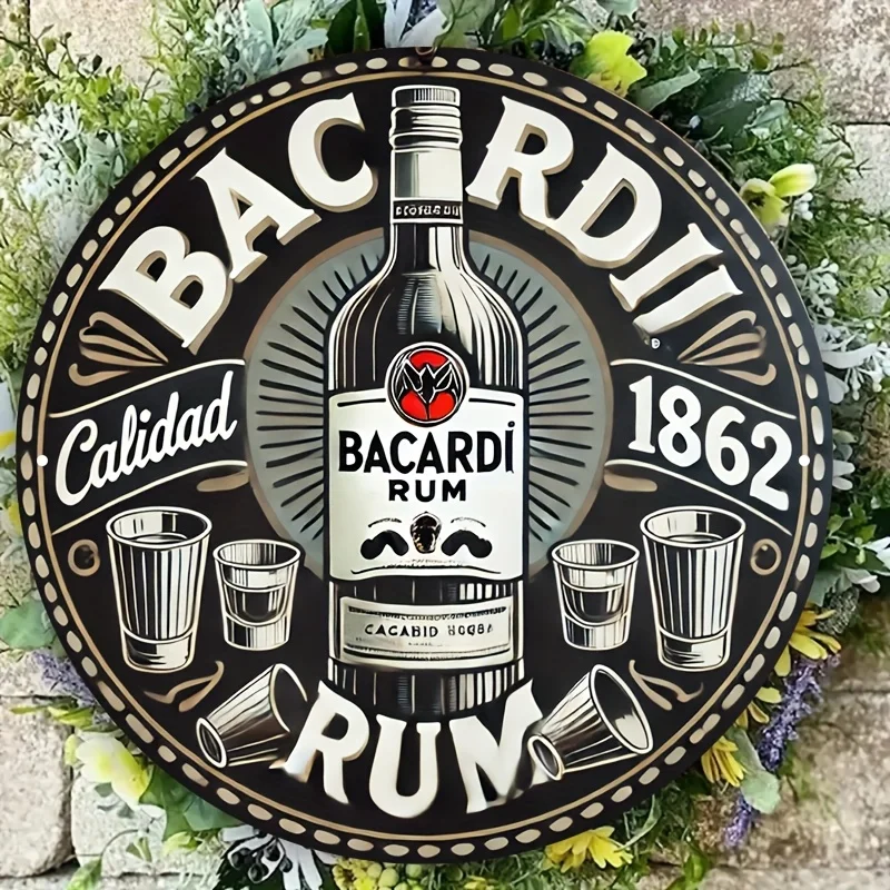 2D Flat – 1 Stück Bacardi Rum 47,29 cm rundes Aluminiumschild – Vintage-Stil mit Bacardi-Flasche und Brillendesign, langlebige Metallwand D
