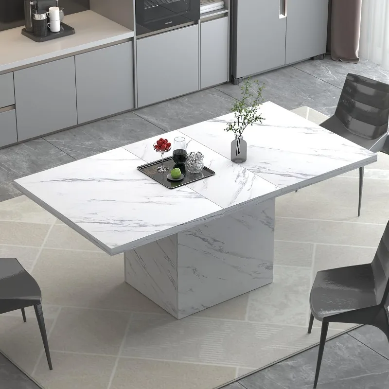 55 inch Dining Table for 4, Modern White Faux Marble Dining Room Table, Rectanglur Kitchen Table with Heavy Duty Pedestal, W
