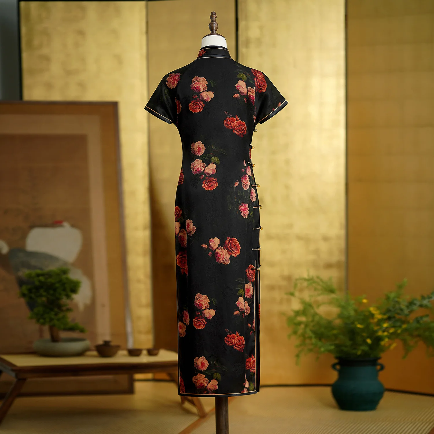 Heavy High Quality Real Silk Vintage Cheongsam Qipao Women's Dress Pink Peony Daily Gambiered Guangdong