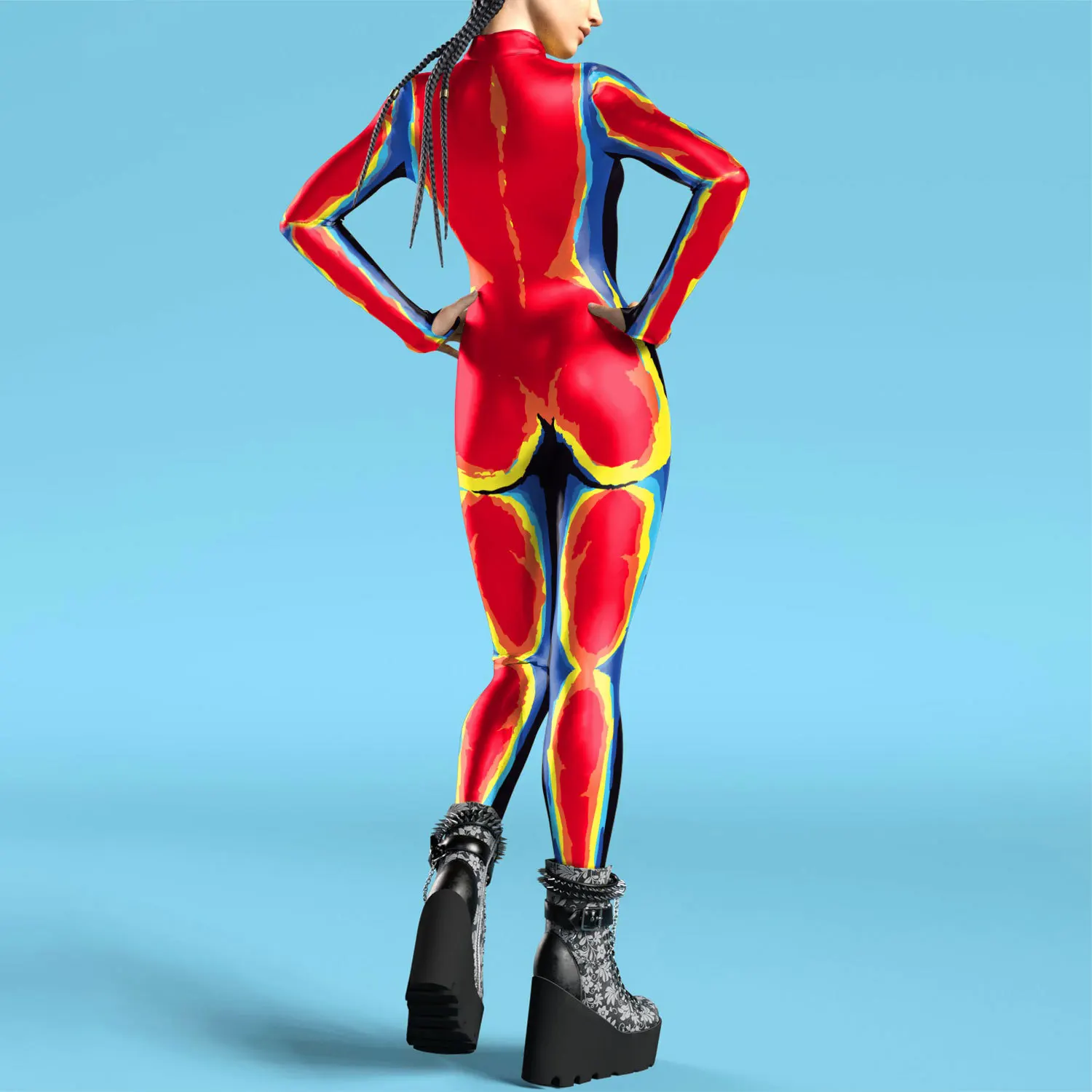 Roupa feminina macacão colorido textura 3d impressão bodysuit mangas polegar cosplay traje zíper frontal zentai fitness outfit