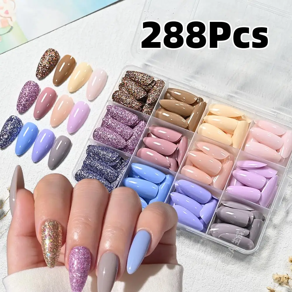 288 Uñas Postizas Macaron Medianas Almendradas Brillantes con Purpurina Dorada y Morada, Uñas a Presión para Mujer, Uso Diario, Cobertura Completa, Puntas de Dedos Falsas TD