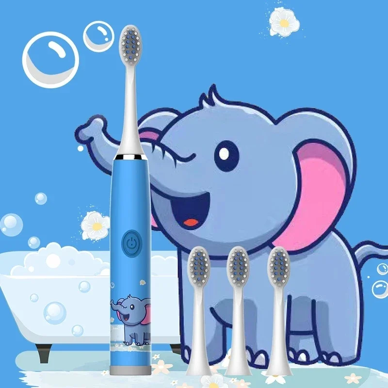 Colorful Sonic Children's Electric Toothbrush Rechargeable Cartoon Design Automatic IPX7 Waterproof with Replacement Head