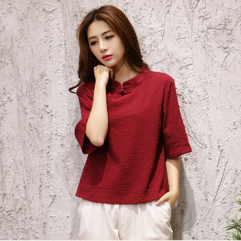 

Chinese Shirt Female Ethnic Style Blouse Traditional Clothes Cotton Linen Vintage Tops Short Women 2025 Summer New Solid Improve