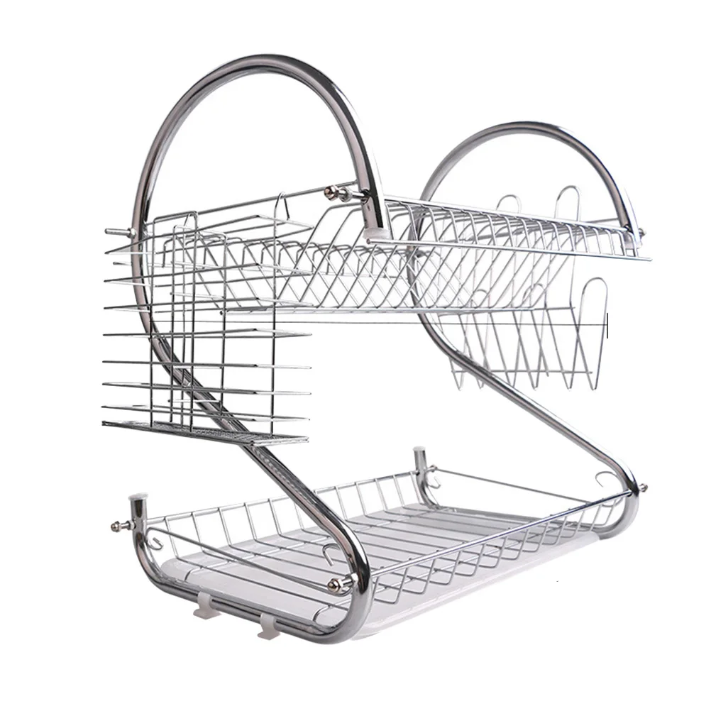 

1 pc Stainless Steel 2-Tier Dish Rack Kitchen Storage Shelf Cup Holder Utensil Organizer Draining Counter Rack Space Saving