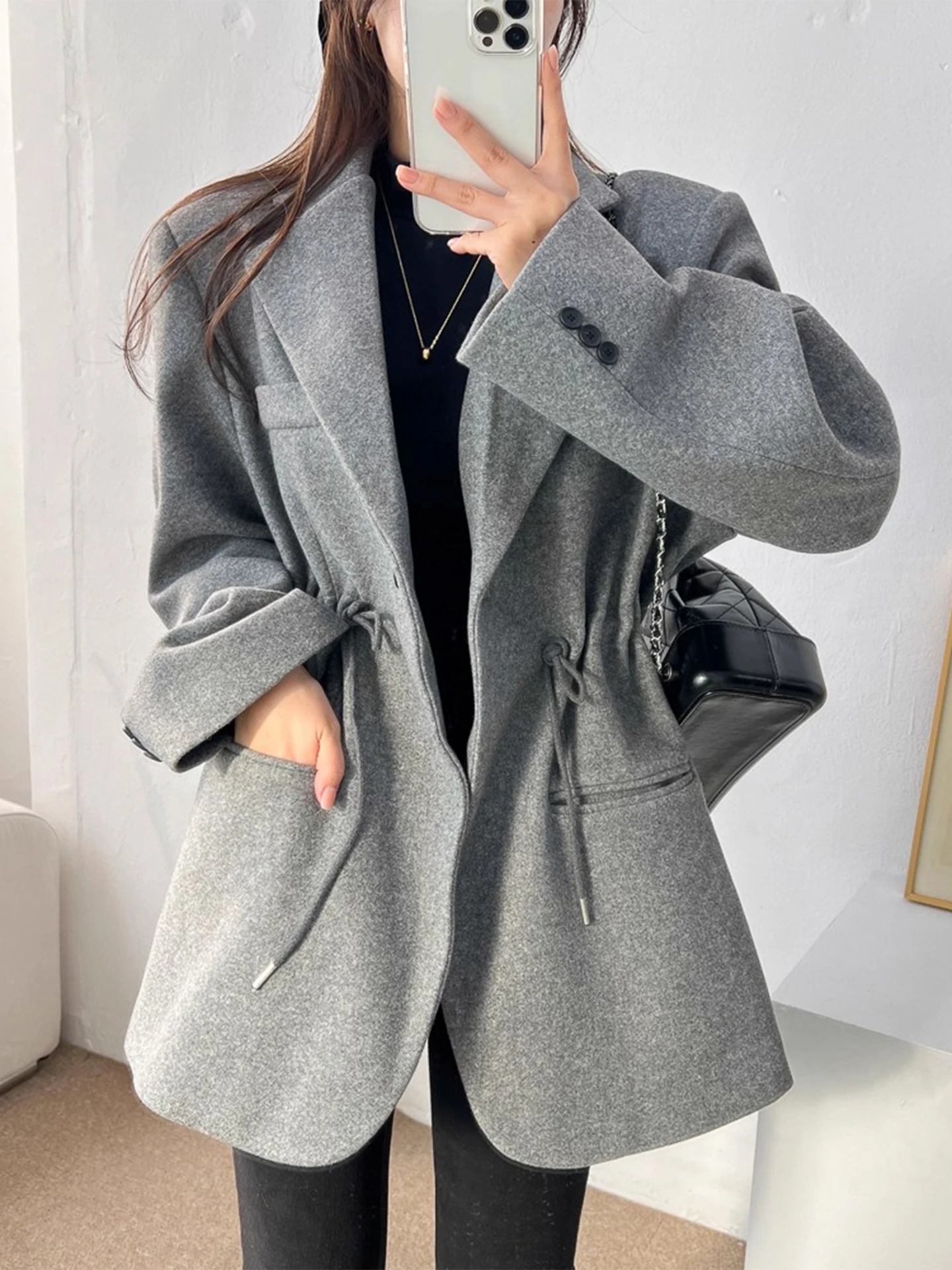 

Облегающее шерстяное пальто на одной пуговице с завязкой на талии, корейский женский костюм с длинным свечом, повседневная верхняя одежда с воротником-стойкой