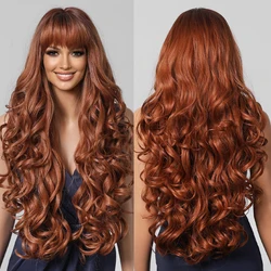 Copper Brown Long Body Wave Synthetic Wigs with Bangs Curly Water Wave 30 inches Wigs for Black Women Afro Wigs Heat Resistant