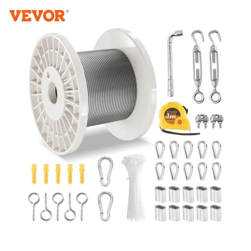 VEVOR Kit de Cables de 3,18 mm Cable de Acero Inoxidable 304 de 30,5 m con 59 Accesorios, Resistencia a la Rotura de 2,9 KN, 7 x 7 Hebras, Cable de Grado de Construcción para Aeronaves para Pasamanos