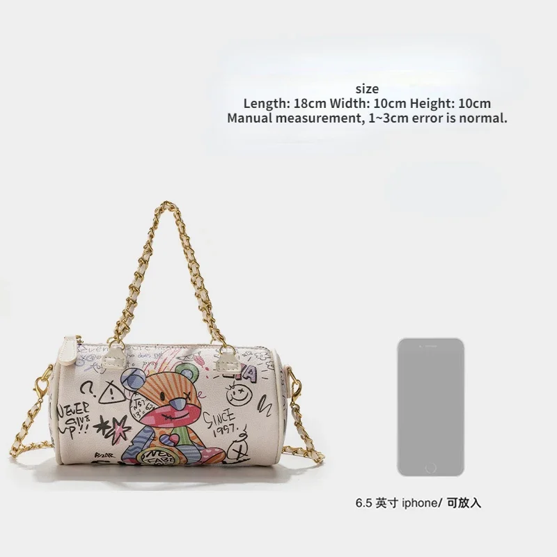 Bag for Women 2023 New Bear Graffiti Mini Cylinder Bag PU Leather Chain Crossbody Full Match Women Shoulder Bag Bolsos Vintage