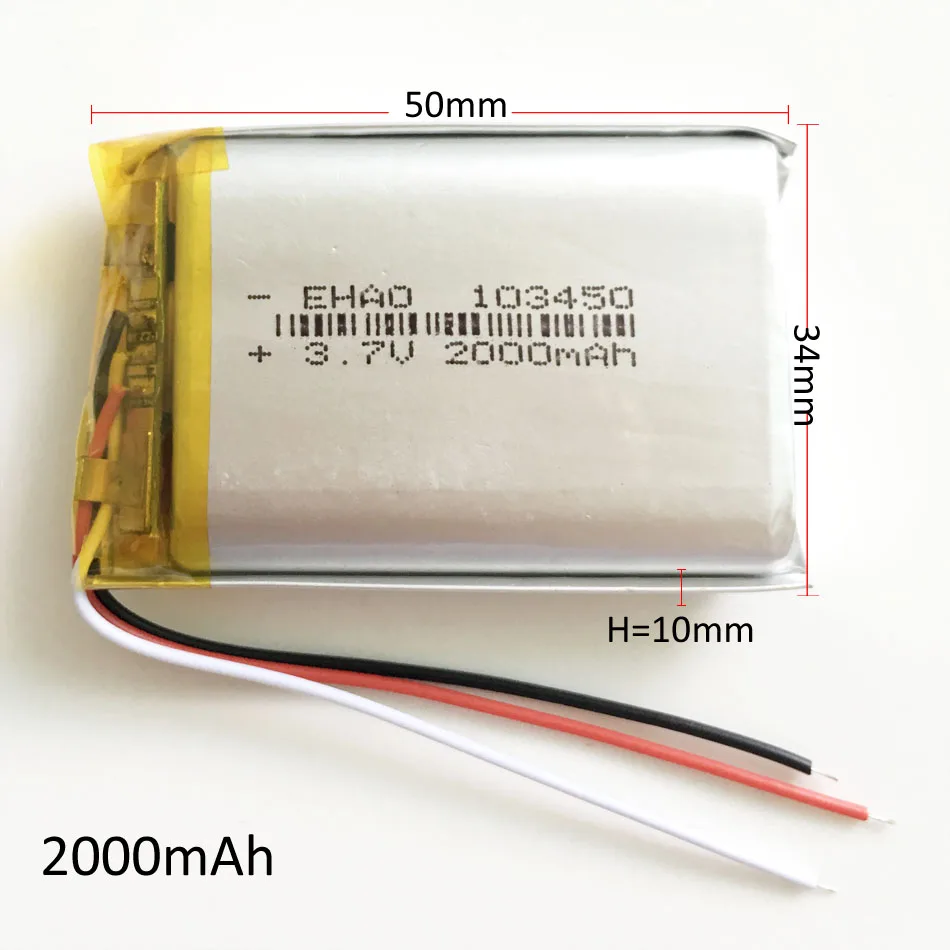 5 x 3.7V 2000mAh Lithium Polymer LiPo Rechargeable Battery 103450 3 wires For GPS DVD Mobile Phone Tablet PC Heating gloves