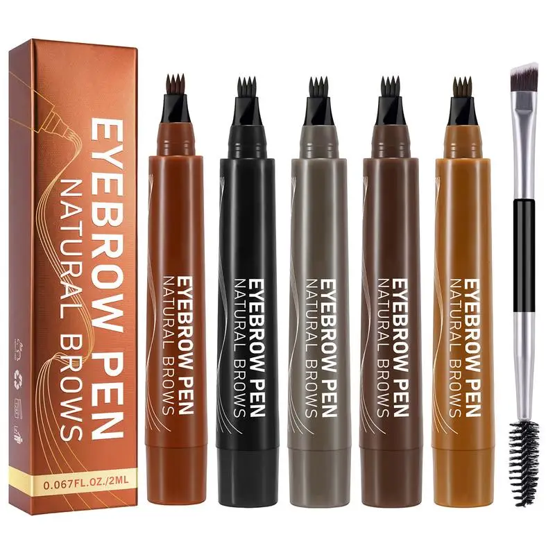 4-Tip Wenkbrauwpotlood Waterdicht 4 Vork Tip Wenkbrauw Tattoo Potlood Cosmetische Langdurige Natuurlijke Donkerbruine Vloeibare Wenkbrauwpen
