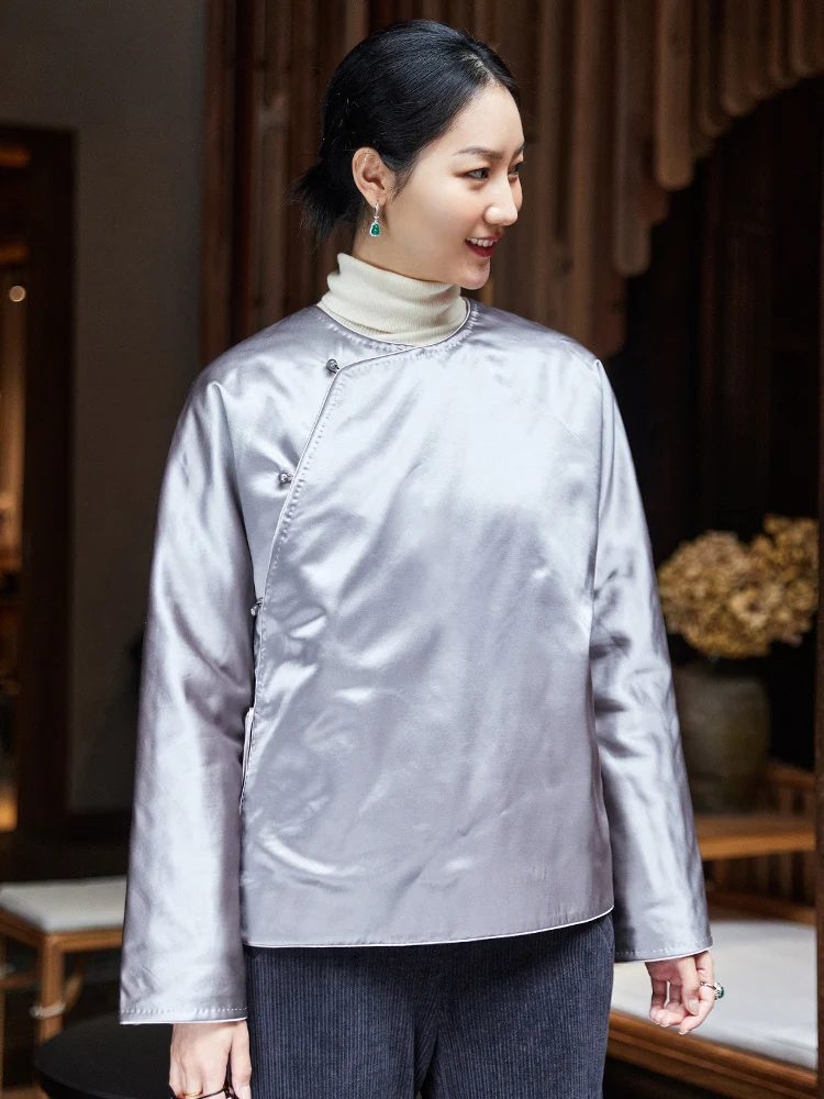 

Шёлково-шерстяное атласное зимнее хлопковое пальто для женщин, новое, в китайском стиле, ретро, с поясом, круглый вырез, бренд Philo Tang, для возраста 25-35 лет