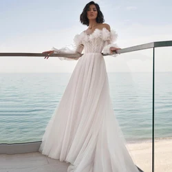 Eightre White Boho Wedding Dresses Off The Shoulder Puff Sleeve Bride Dress A-Line Tulle Wedding Evening Prom Gowns Custom Size