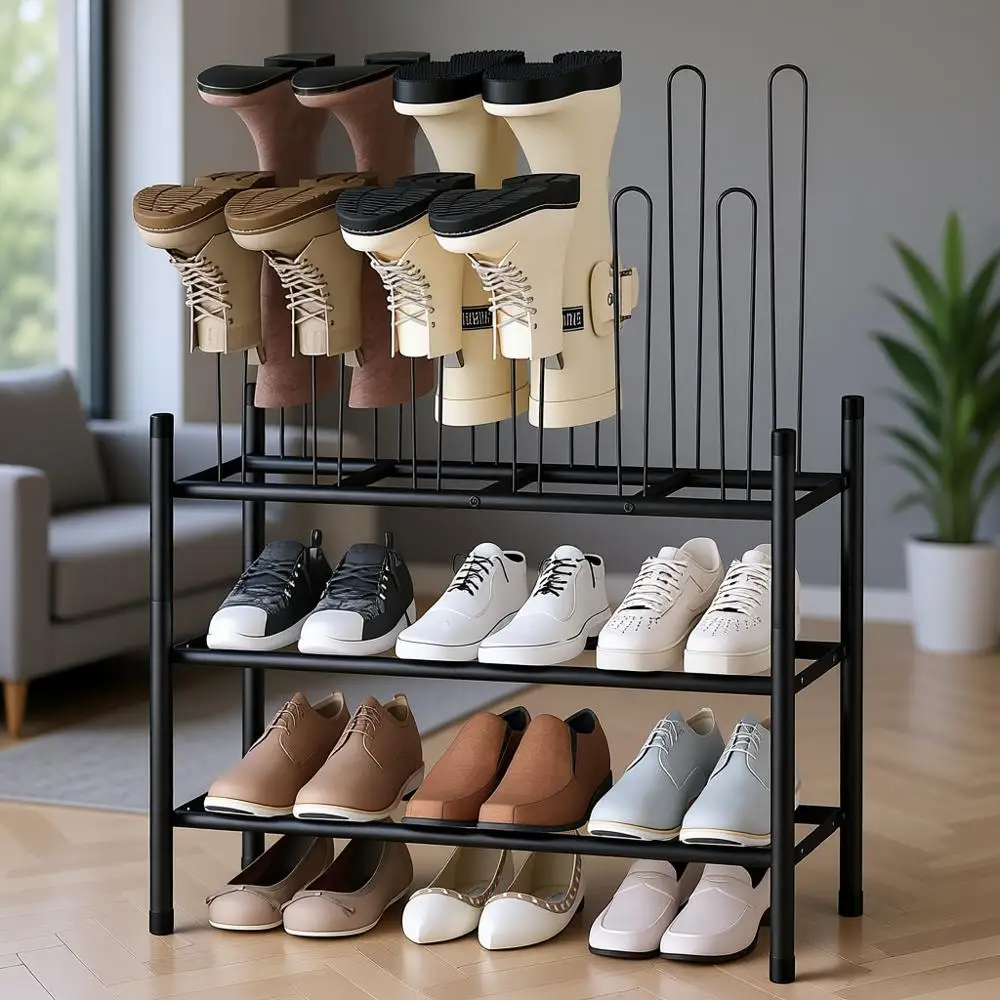 

Stackable Metal Shoe Rack for 6 Pairs, 2-Tier Organizer for 9 Pairs, Adjustable Width, Space-Saving Storage for Entryway and Clo