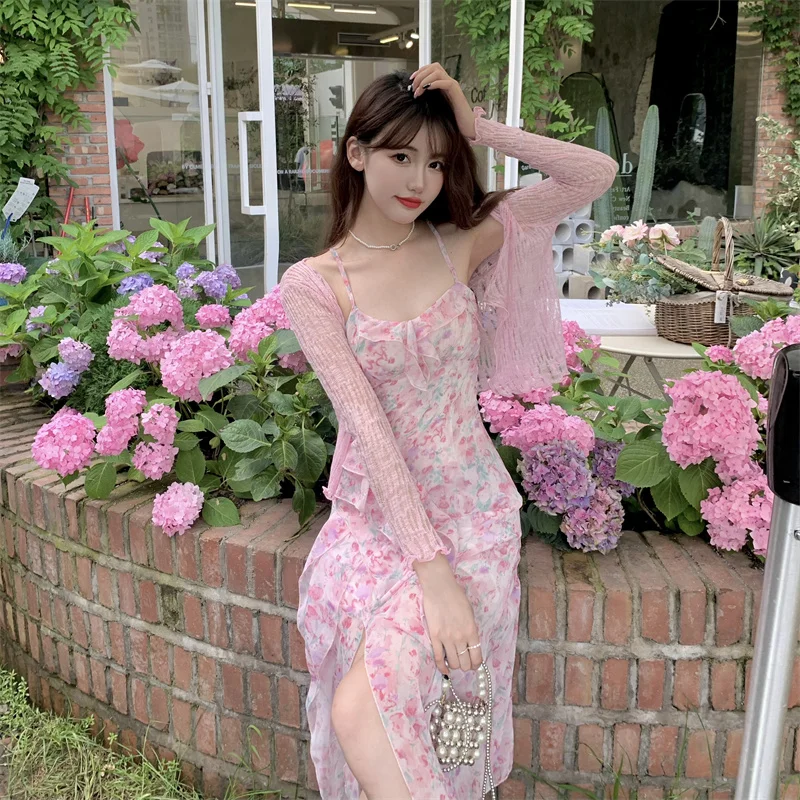 Summer Thin Knit Cardigan Long Sleeves Pink Chiffon Printing Hollowed Back Sexy Chiffon Dress