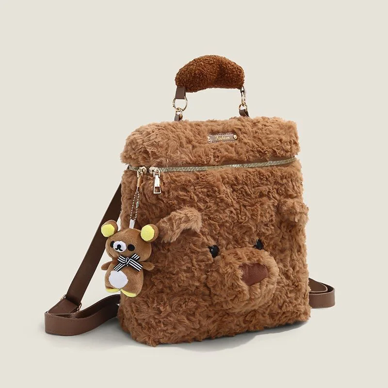 

Kawaii Bear Plush Backpack Fluffy Teddy Shoulder Bag with Bread Handle and Pendant Crossbody Bag for Women Girls Autumn Winter