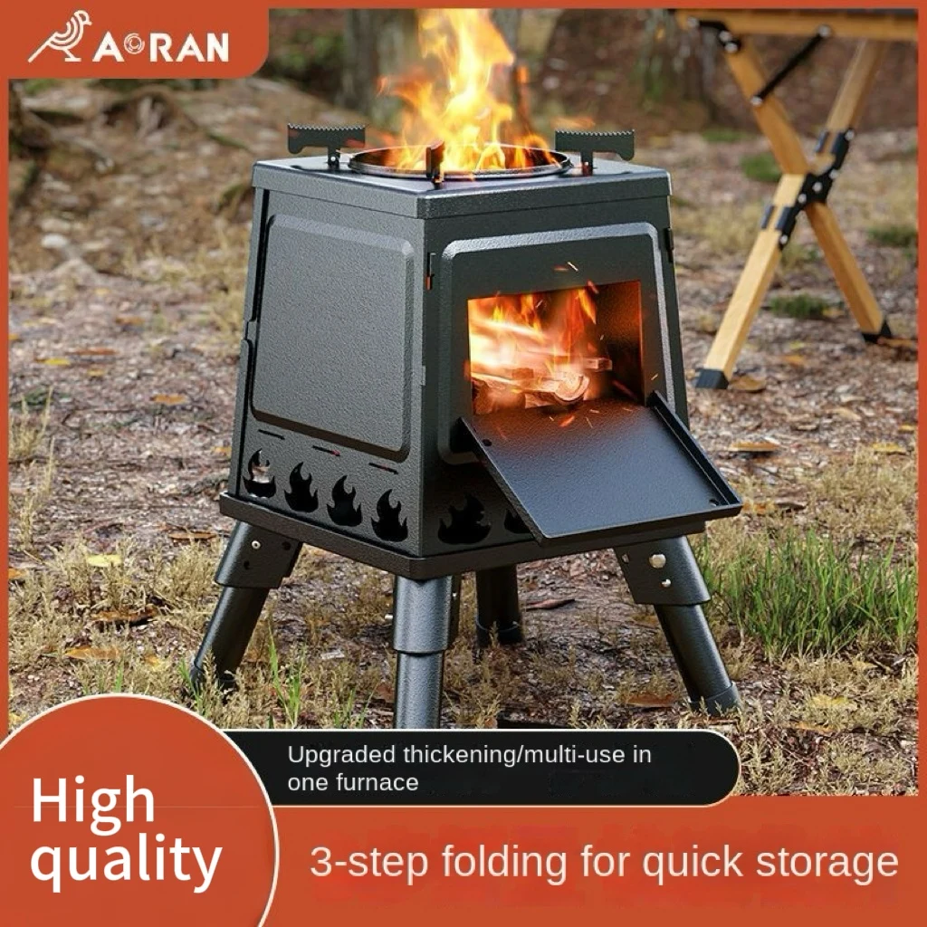 Household Barbecue Wood Stove Picnic Stove Grill Oven Barbecue Camping Windproof Portable Folding Large Stove Home Garden