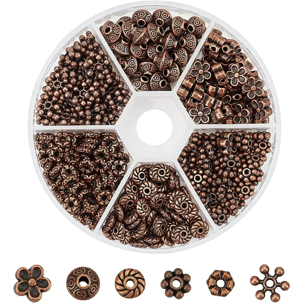 410 個 6 スタイルチベットスペーサービーズ赤銅ジュエリービーズフラワーバイコーンスノーフレークフラットラウンドメタルスペーサーブレスレット用