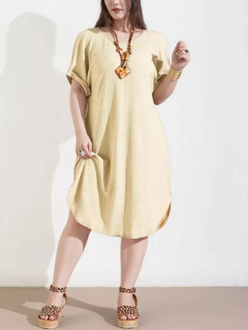 미국 대형 여성 의류 2025 여름 신상 반팔 단색 드레스 대형 티셔츠 미니 드레스 탑 PP3H