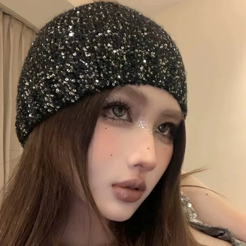 Women Shiny Sequin Knitted Beanies Cold Hat Trendy Ins‑inspired Caps Soft Stretch Warm Skullcap Fashion Outdoor Photo Head Decor