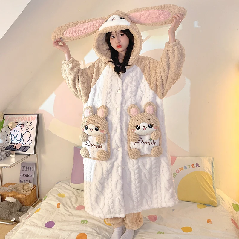 Winter Women Robes Nightgown Korean Pajamas Set Coral Velvet  Thicken Soft Warm Girl Loose Cartoon Bunny Sleepwear 2 Piece Set