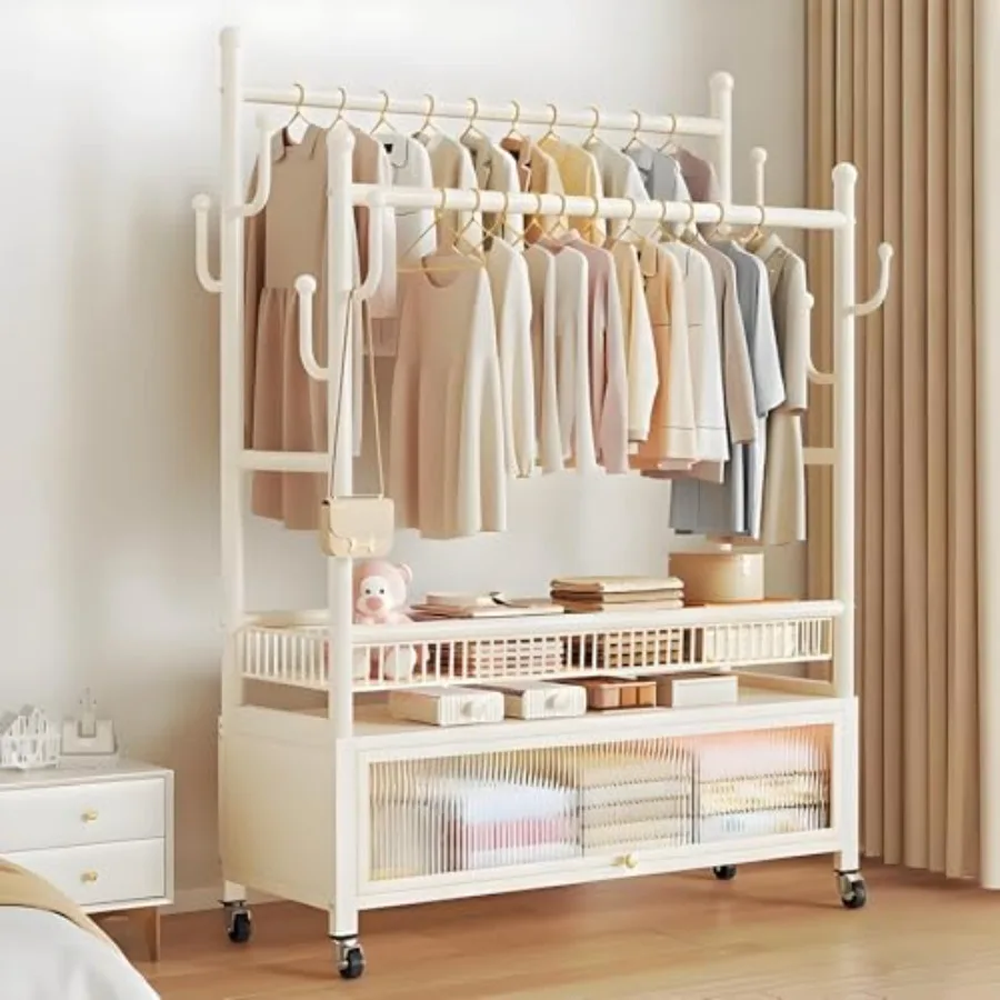 

Rolling Clothing Rack Clothes Rack with Shelves Double Rods and Side Hooks Portable Wardrobe Rack Metal Garment Rack Sturdy Coa