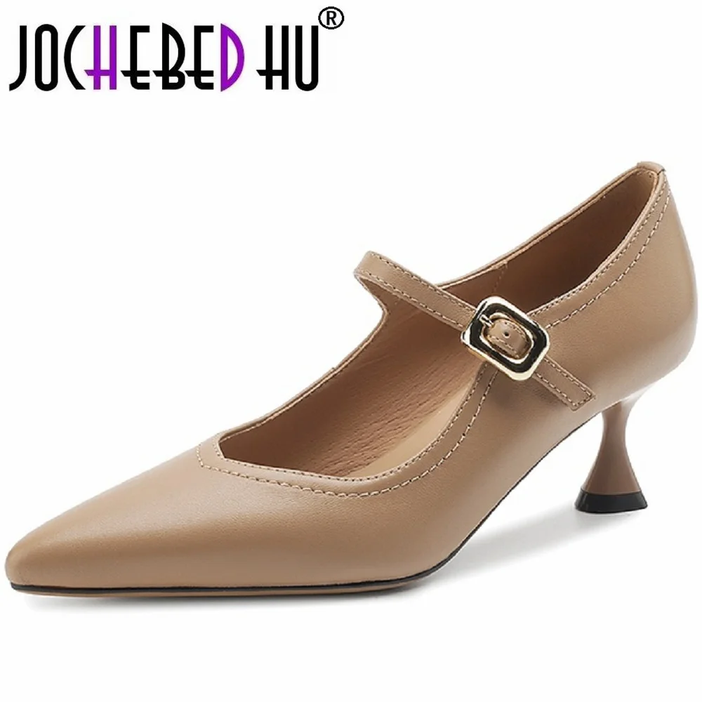 

【JOCHEBED HU】Handmade Mid Heels Mary Janes Shoes Women Pumps Genuine Leather Point Toe Heeled Office Wedding Shoes