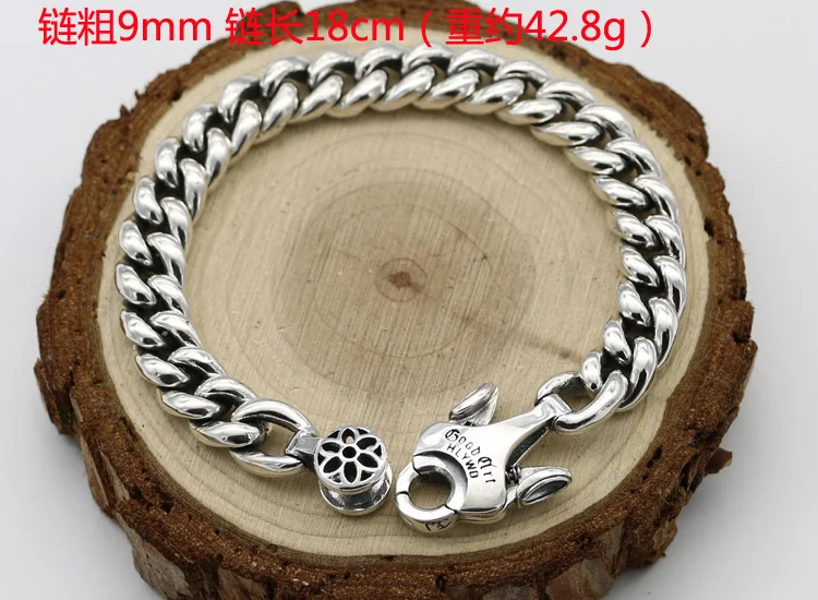 Fashionable s925 Sterling Silver Chain Cherry Blossom Men's Smooth Face Bracelet Simple Personality Female Punk Hip Hop Fashion