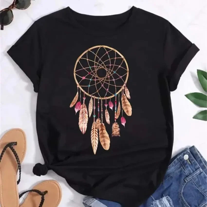 Casual tshirt Women Summer Short Sleeve Dreamcatcher Feather Fashion Print Lady T-shirts Top Shirt Ladies Womens Graphic Tee Top
