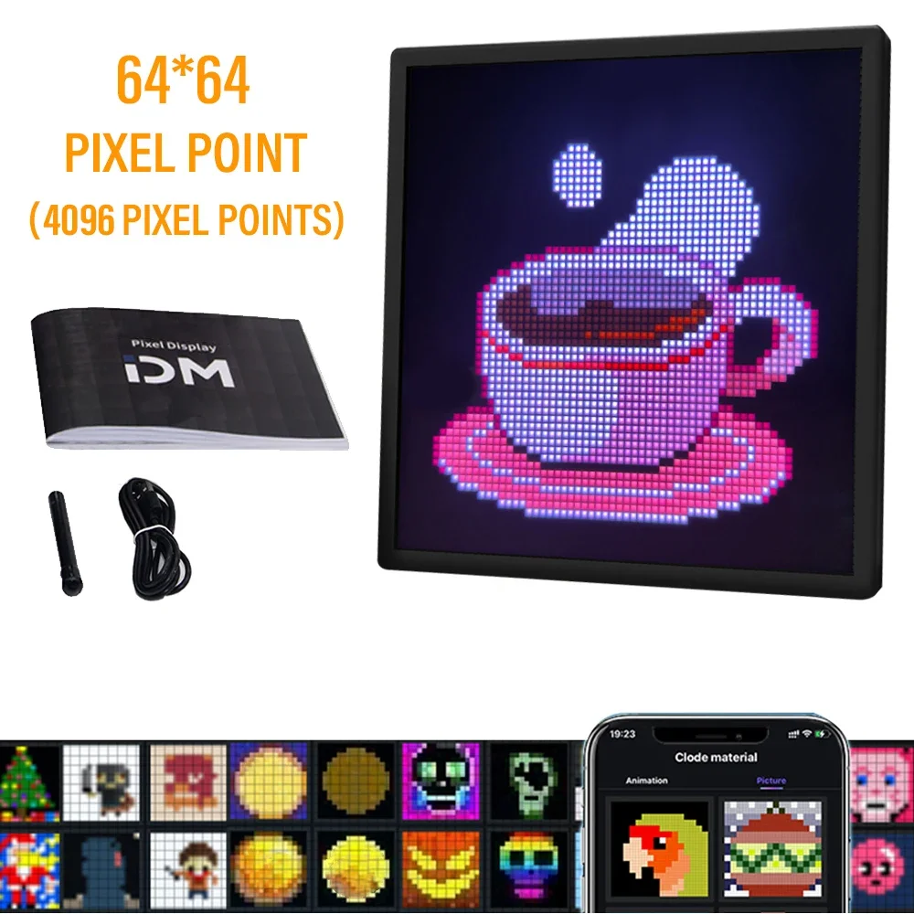 64x64 LED Pixel Display APP Control Programmable Night Light DIY Text Pattern Animation For Home Decor, Bedroom, Game Room, Bar