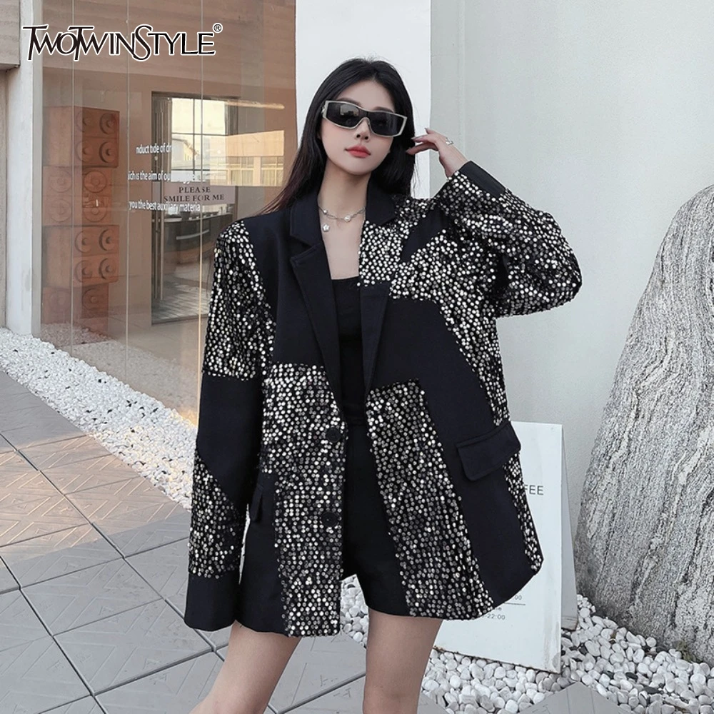 

TWOTWINSTYLE Spliced Sequines Loose Blazers for Women Lapel Long Sleeve Temperament Minimalist Coats Female Fashion