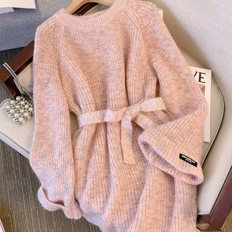 

Женский свитер свободного кроя средней длины в корейском стиле, осенне-зимняя новинка, облегающий, вязаный, с круглым вырезом