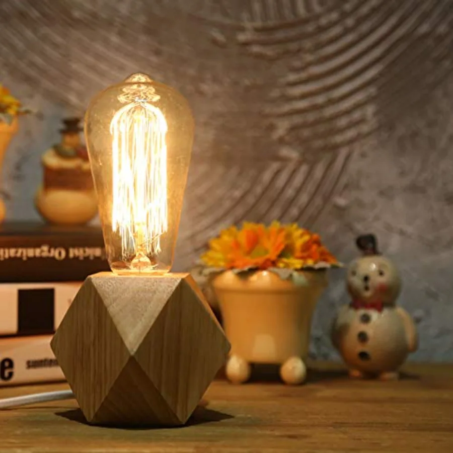 Small Wood Table Lamp, Bedside Lamp with Diamond Wooden Base E26 60W Industrial Night Light Boho Deco for Bedroom, Living Room