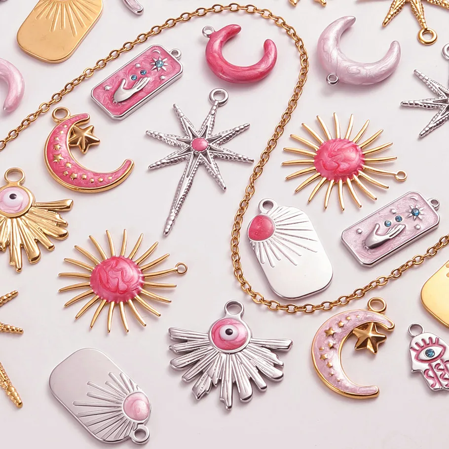 2 Stück Rosa Hot Pink Emaille Vintage Sonne Mond Stern Anhänger Edelstahl Charms für Schmuckherstellung DIY Schlüsselanhänger Charm – Detail 1