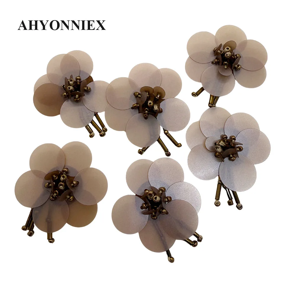 

6pcs/lot Coffee Color Sequins Beads Flower Patch DIY Flower Patches Sew On Dress Clothes Floral DIY Applique