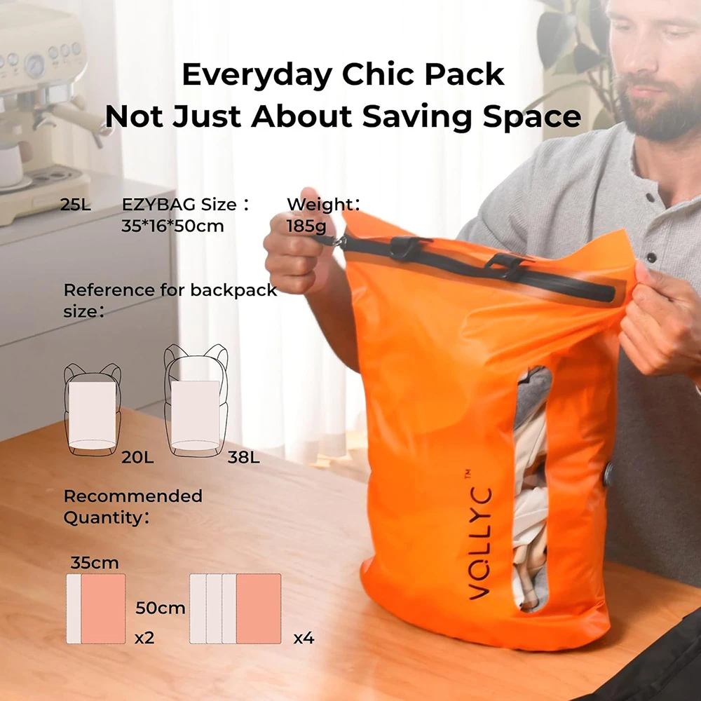

VOLLYC EZYPACK & EZYBAG — вакуумная сумка для хранения объемом 25 л, сжатие 85%, водонепроницаемый нейлон IPX7 для чемодана, рюкзака, кемпинга, путешествий