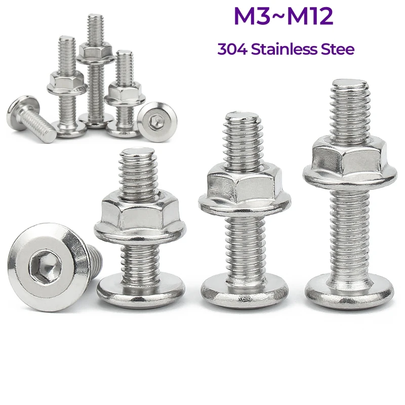 M3M4M5M6M8M10M12 304 Stainless Steel Large Flat Hex Hexagon Socket Head Allen Screw&Nuts Sets for Furniture Connector Joint Bolt