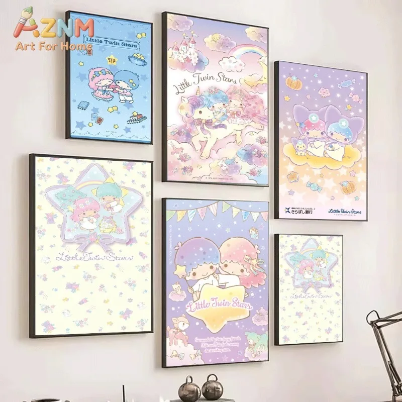 Sanrio Little Twin Stars Blue Star Background Holding Heart Canvas Wall Art Unframed Canvas Poster Print for Girls Bedroom Nurse