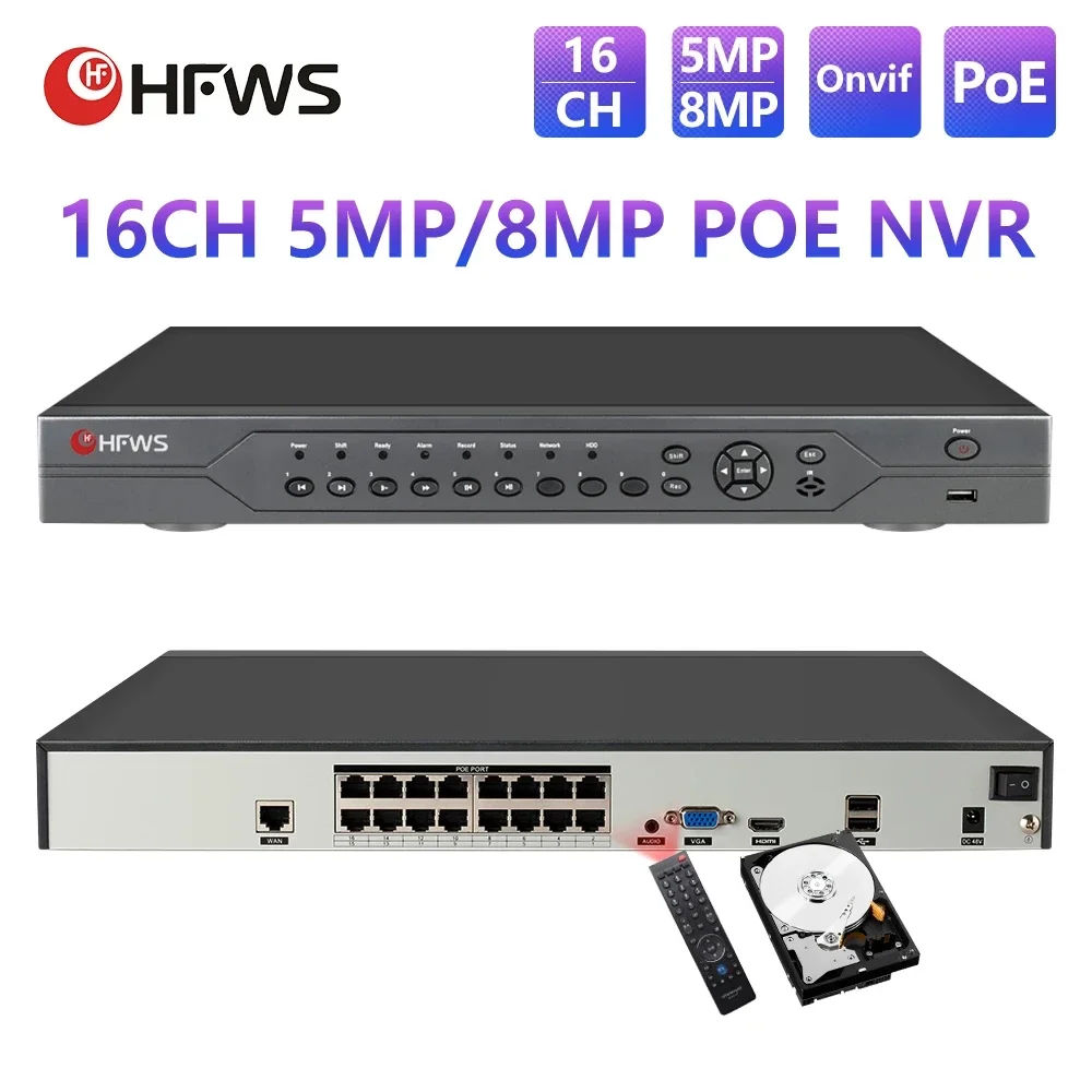 HFWVISION 16CH 8MP 4K CCTV Recorder NVR POE Onvif H.265 IP Camera CCTV Face Recognition System XMeye