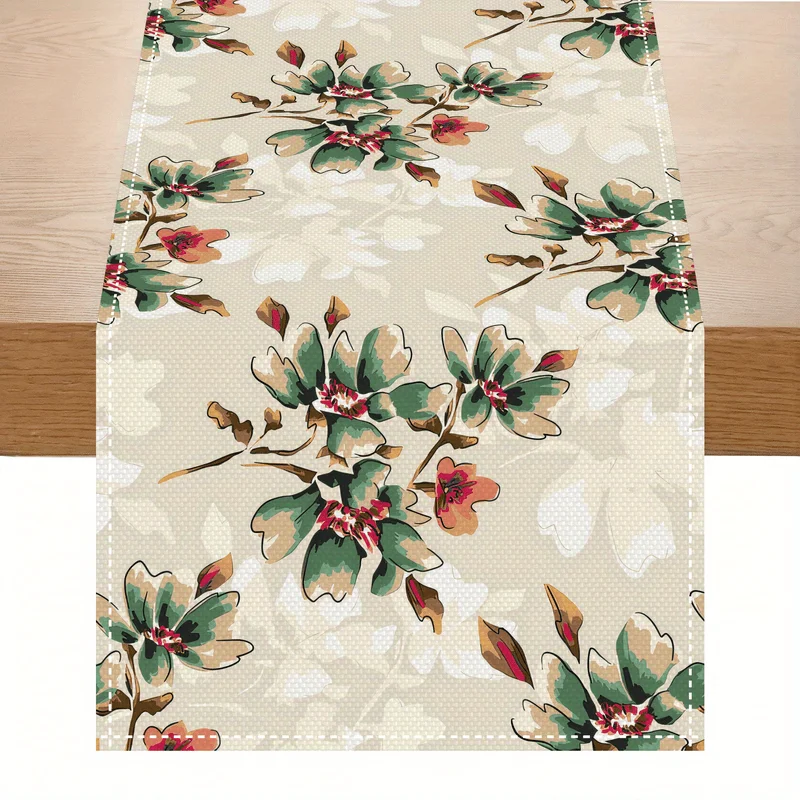 1 Piece of Retro Watercolor Floral Table Runner with Light Background Painted with Green and Brown Flower Patterns, Suitable for Pastoral Style B&Bs, Literary Tea Parties, Retro Restaurants, Home Furnishings, Handicraft Markets, Girlfriends' Parties, Creative Studios, Spring Picnics