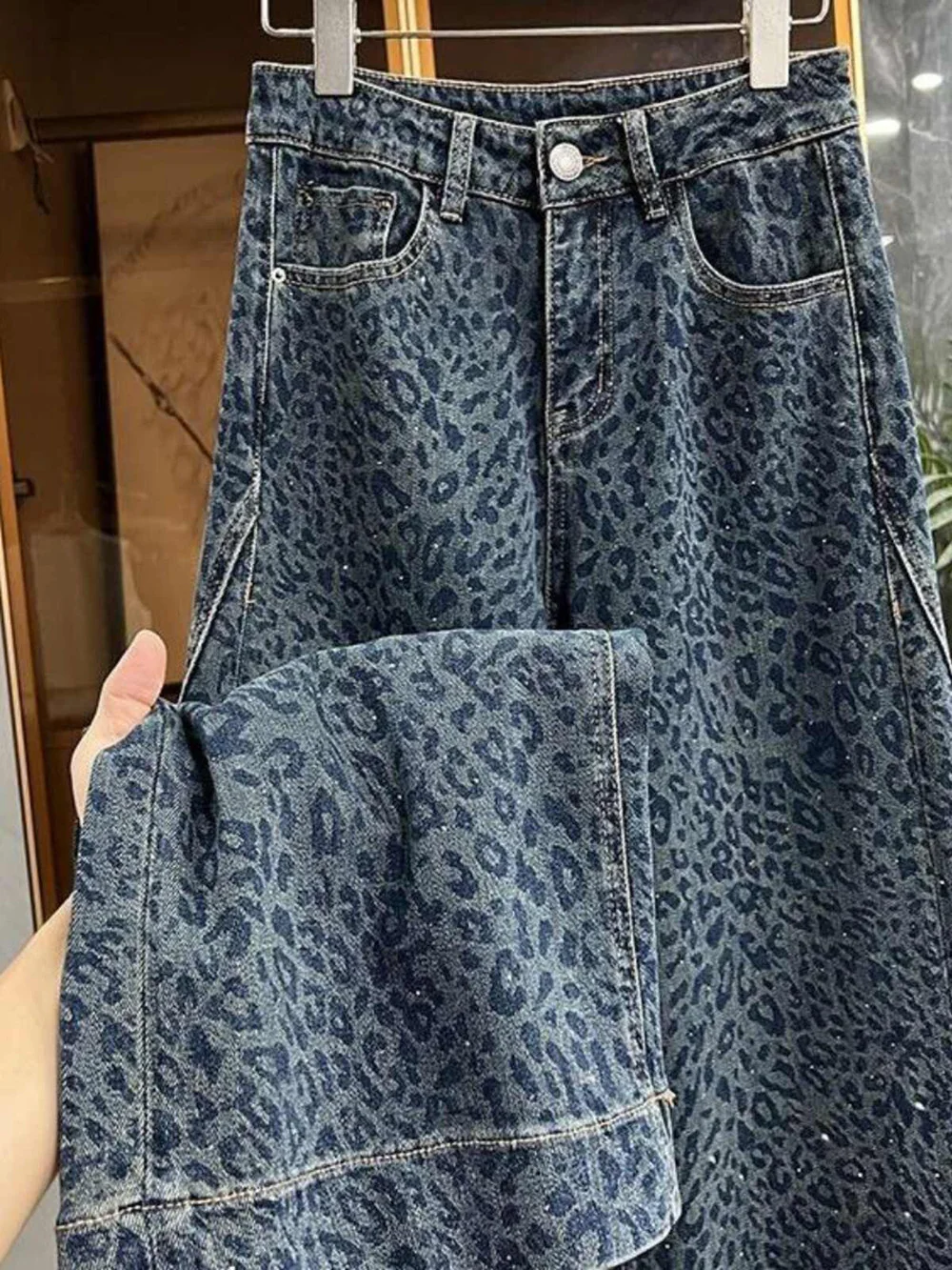 Pantalones vaqueros con estampado de leopardo Retro para mujer, pantalones de pierna ancha de cintura alta de estilo americano, pantalones vaqueros azules de leopardo para mujer, ropa de calle ﻿