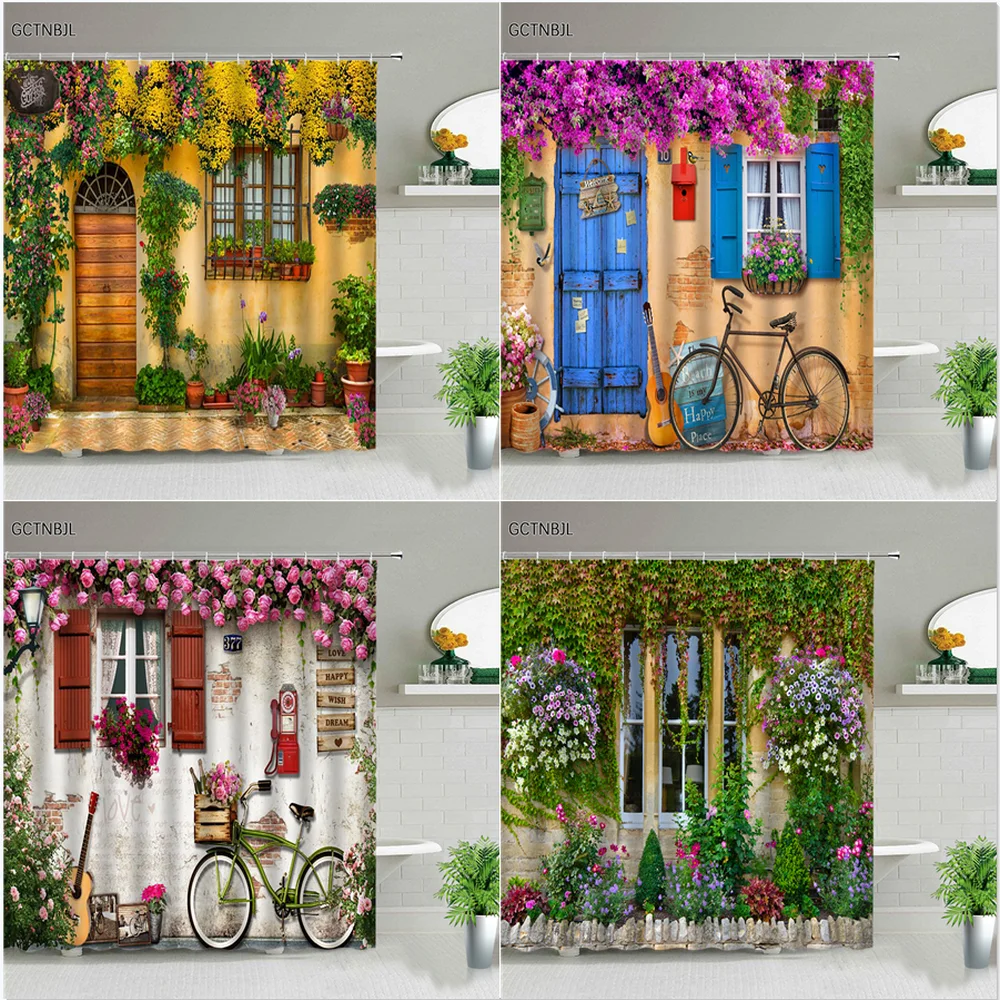 Street Flowers Plant Shower Curtain Retro Building Old Door Rural Scenery Background Wall Decor Hanging Curtains With Hooks